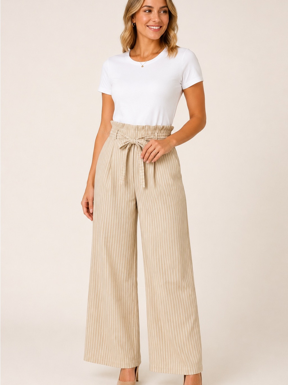 Pink Lily Striped Paperbag Waist Wide Leg Pants Tan White L